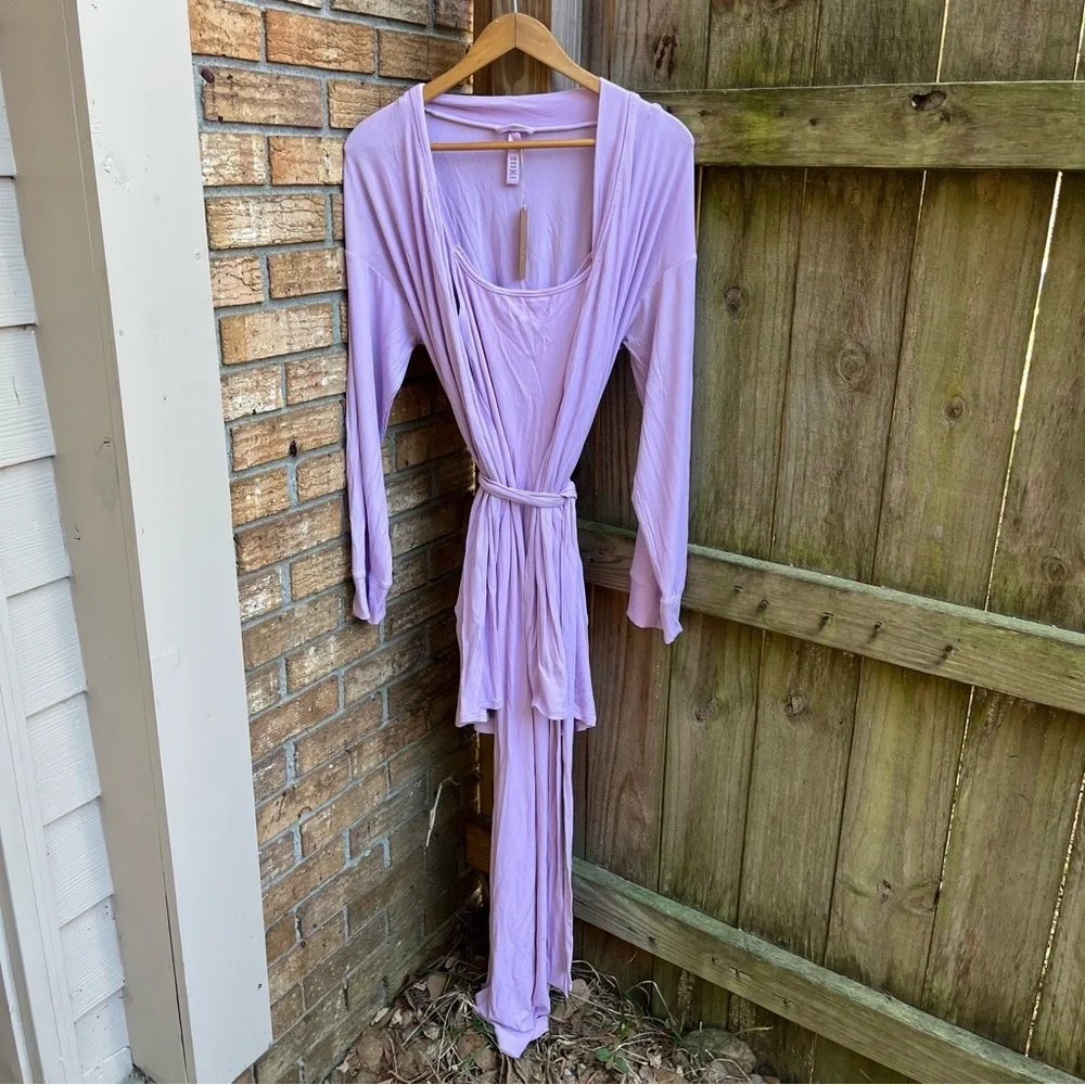 SKIMS Lavender Long Slip Dress and Short Robe